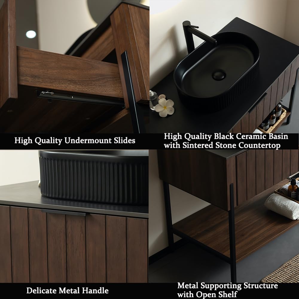 36 Inch Bathroom Vanity with Sink, Dark Walnut Vanity Bathroom Sink and Cabinet Combo, Bathroom Vanities w/Drawer and Metal Supporting Structure & Freestanding Striped Design - Miami, Dark Walnut RAINLUX