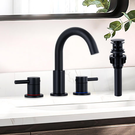 KZH Matte Black Bathroom Faucet 3 Hole, 8 inch Widespread Bathroom Faucet with Pop Up Drain, Bathroom Sink Faucet with 360° Swivel Spout, 2 Handle Vanity Faucet with Water Supply Hoses KZH