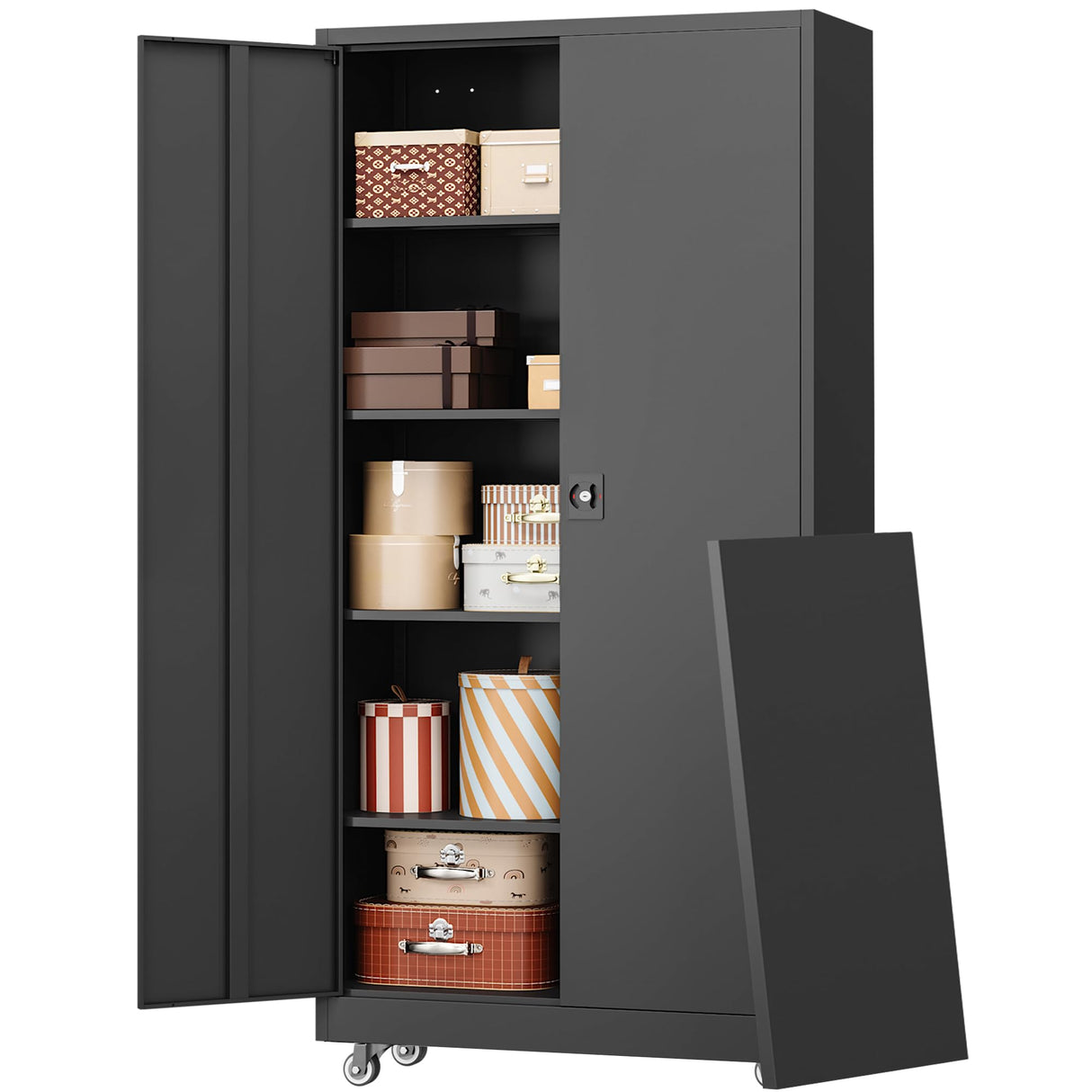 RAVIGIN Metal Garage Storage Cabinet with Wheels,73" H Locking Tool Cabinet with 2 Doors and 4 Adjustable Shelves Tall Cabinet for Garage, Heavy Duty File Cabinet for Office, School (Black) RAVIGIN