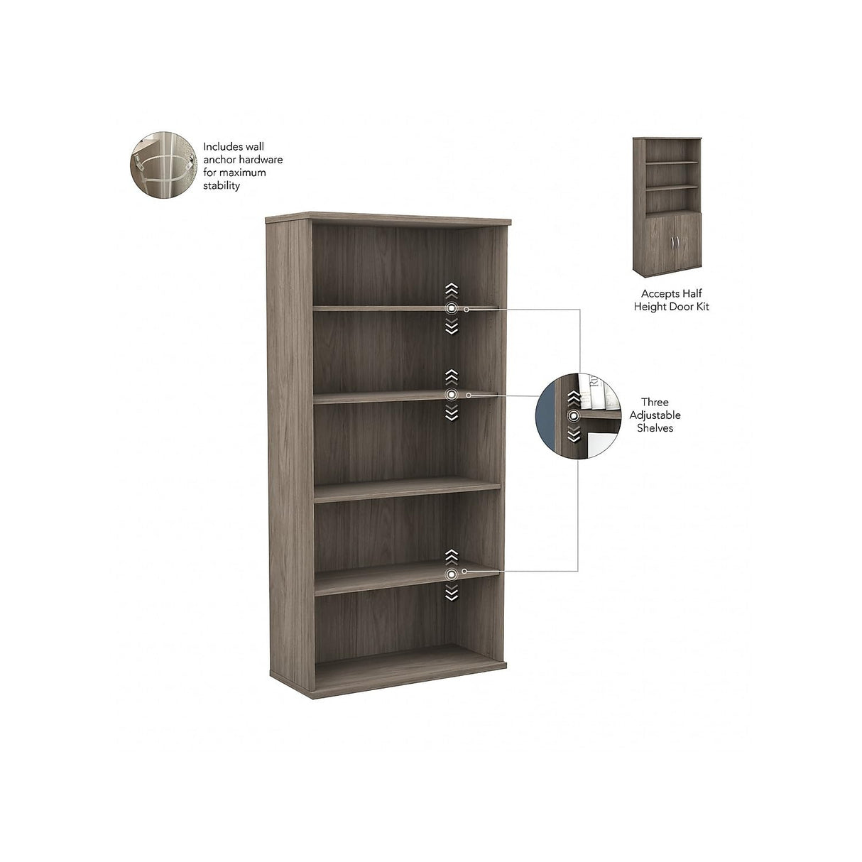Bush Business Furniture Studio C 5-Shelf Bookcase with Doors in Modern Hickory Bush Business Furniture