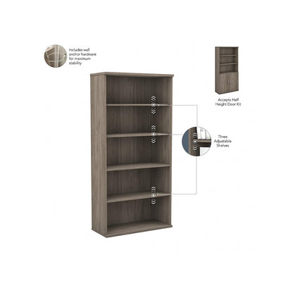 Studio C 73" 5-Shelf Bookcase in Modern Hickory with Adjustable Shelves by Bush Business Furniture - WoodArtSupply