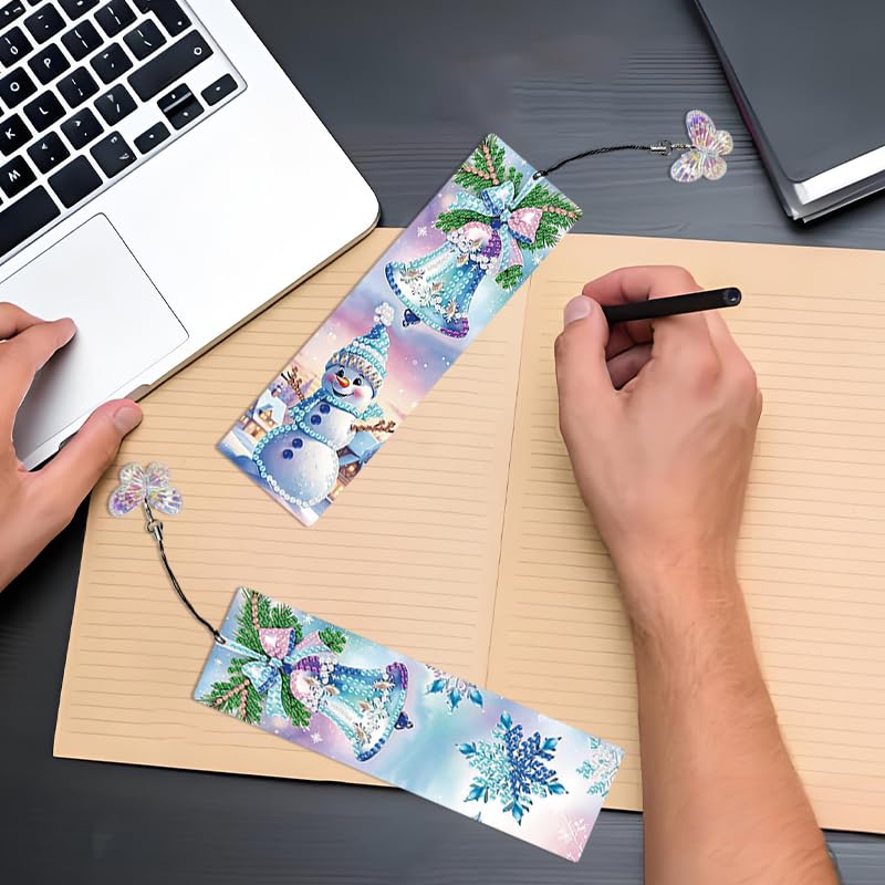 8 Pcs 5D Diamond Art Bookmarks for Reading Lovers, Handmade DIY Diamond Painting Book Marks with Tassels for DIY Making Beginners Adults Arts Craft Supplies (Snowman) JBTM24