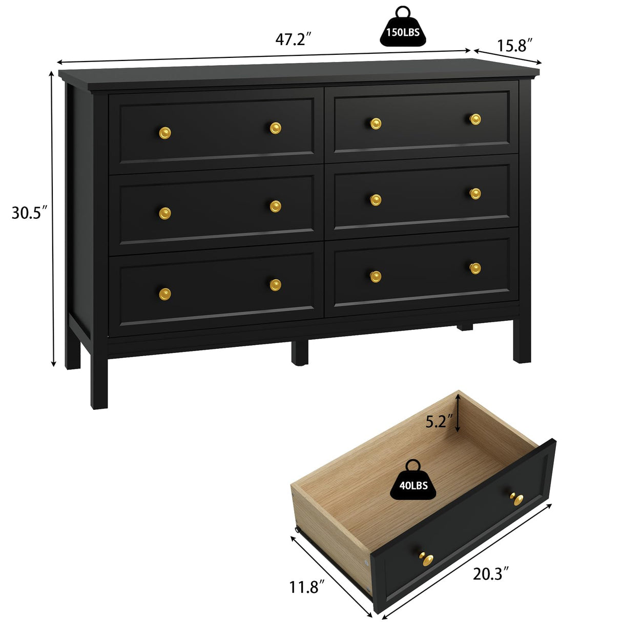 CARPETNAL Black Dresser for Bedroom, 6 Drawer Dresser with Wide Drawer and Metal Handles, Wood Dressers & Chests of Drawers for Hallway, Entryway. CARPETNAL