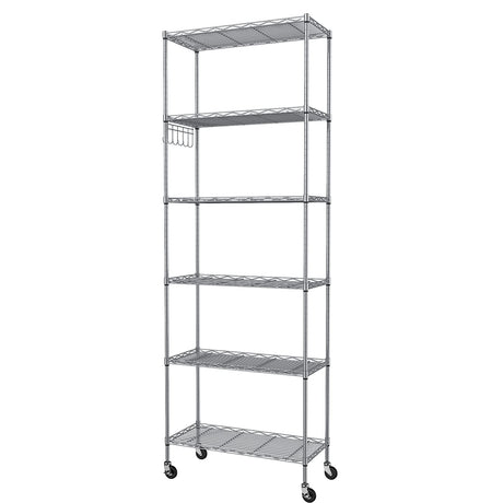 Homdox 6-Tier Storage Shelf Wire Shelving Unit Free Standing Rack Organization with Caster Wheels, Stainless Side Hooks, Silver Gray Homdox