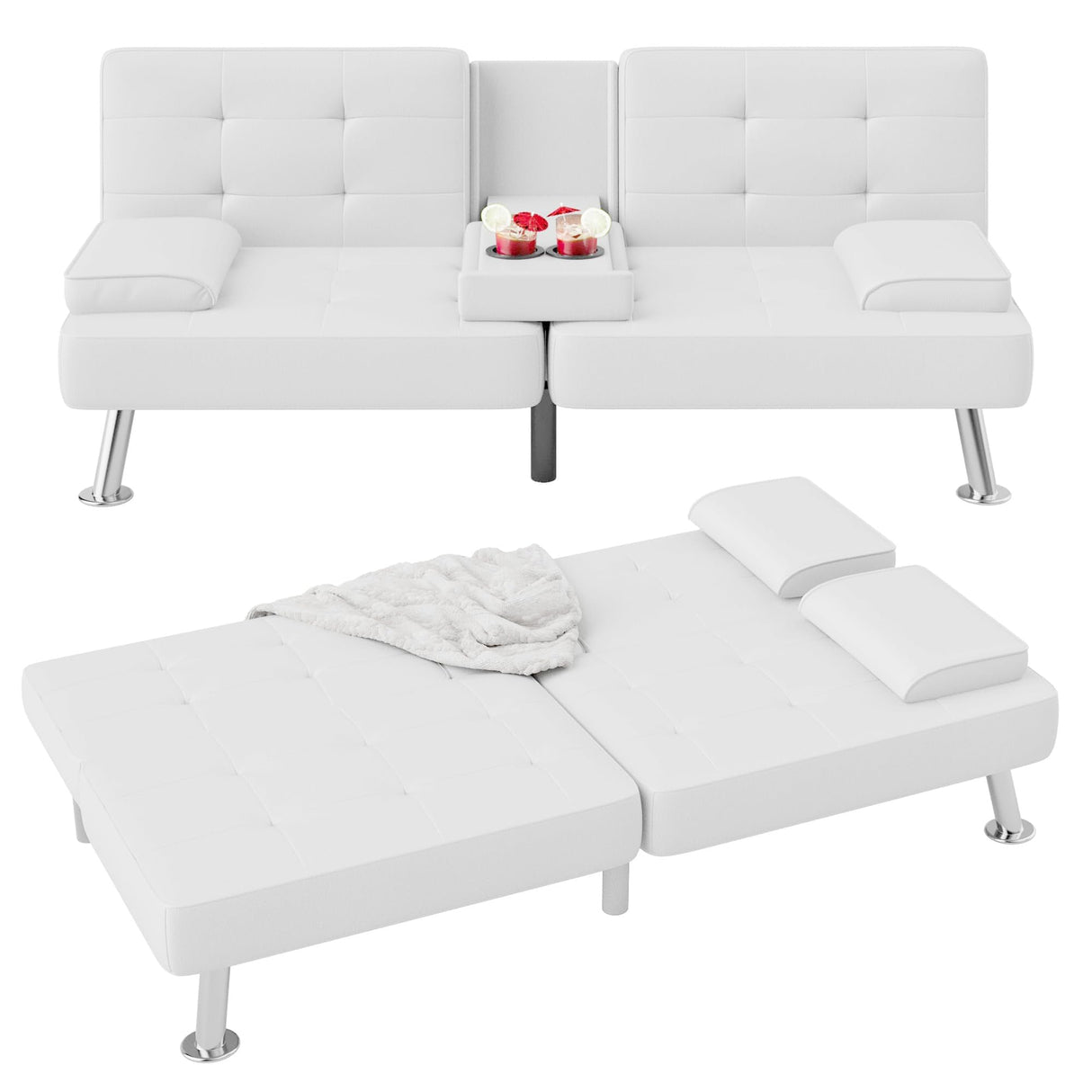 Flamaker Futon Sofa Bed Modern Folding Futon Set PU Leather Convertible Recliner Lounge for Living Room with 2 Cup Holders, Removable Armrests (PU Leather, White) Flamaker