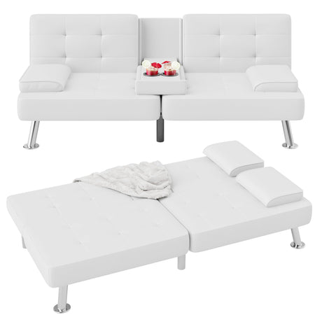 Flamaker Futon Sofa Bed Modern Folding Futon Set PU Leather Convertible Recliner Lounge for Living Room with 2 Cup Holders, Removable Armrests (PU Leather, White) Flamaker