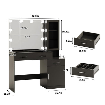 Fameill Glass Top Vanity with Mirror and Lights, Black Makeup Vanity Desk with Charging Station, Vanity Table Set with RGB Lights, Large Mirror with 3 Lighting Modes, 3 Drawers & Cabinet, 43i - WoodArtSupply