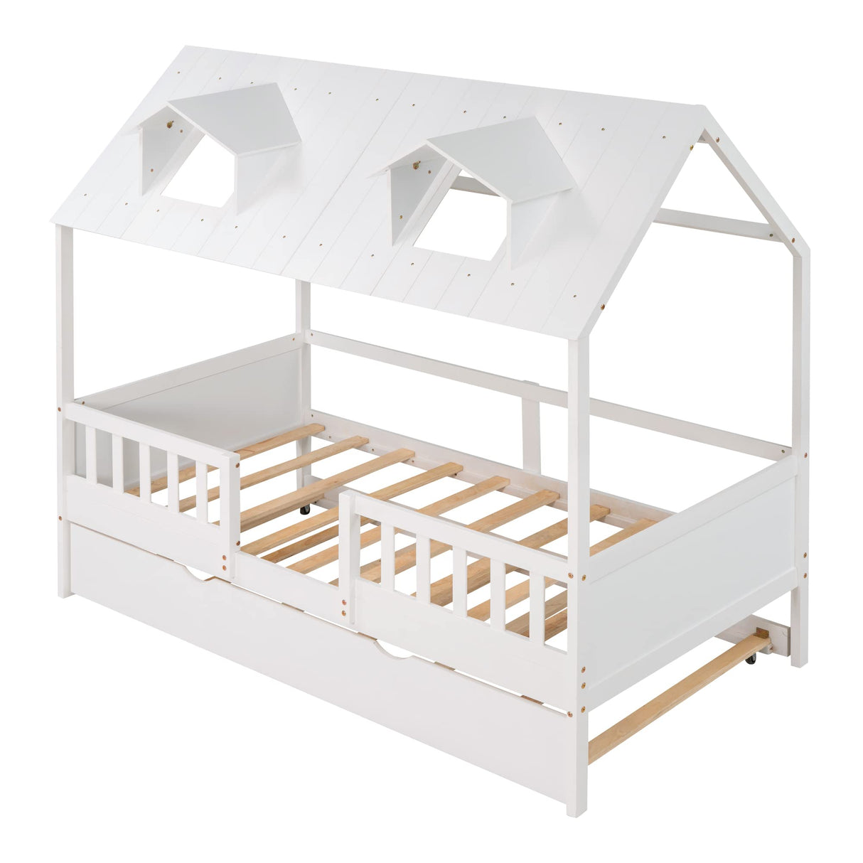 DHPM Twin Size Wooden Playhouse Bed with Trundle and Safety Fence in White DHPM