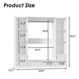 PAKASEPT Wardrobe Closet, 64.9" Freestanding Armoire System with 6 Display Storage Cabinet & Hanging Rods & 2 Wood Drawers, Cloth Garment Rack with Multi Color Light, Walk-in Closet, White PAKASEPT