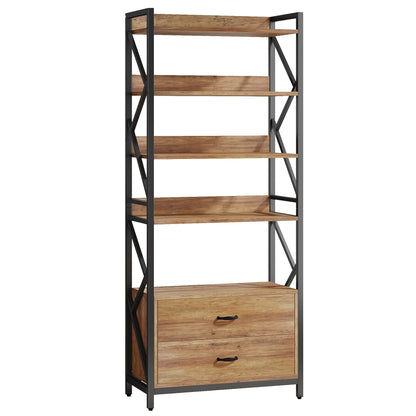 Tribesigns Rustic Brown 70.8" Industrial Bookshelf with 2 Drawers and 5 Open Shelves - WoodArtSupply