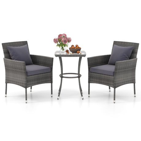 Tangkula 3-Piece Patio Furniture Set, PE Wicker Conversation Bistro Set w/A Tempered Glass Table & 2 Cushioned Chairs, Outdoor Table & Chairs Set for Patio Porch Yard Garden (Mix Gray+Grey) Tangkula