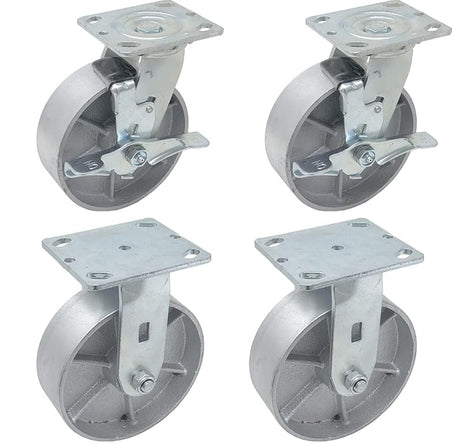 IconCasterWheels 6" x 2" Steel Heavy Duty Caster, Set of 4 Industrial Casters | 2 Swivel Top Lock Brake Caster & 2 Rigid Top Plate Caster | Top Plate 4 x 4.5, Load Capacity 4,800 lbs per Set (4-Pack) ICONCASTERWHEELS