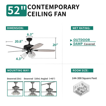 YITAHOME Farmhouse Ceiling Fan with Light and Remote, 52 Inch Outdoor Fan Ceiling with Clear Seeded Glass Light Kit, Quiet Reversible Motor, 3 Speed, Timer (Oak and Black) - WoodArtSupply