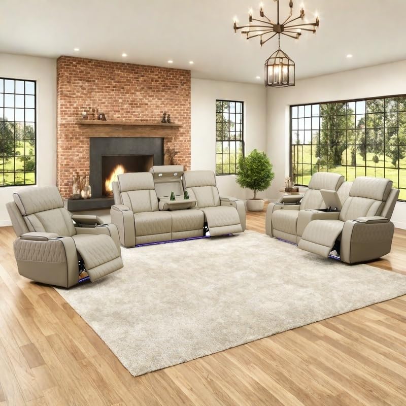 AYCP Furniture Power Recliner Set with LED Lights, Quilted Air Leather Reclining Set with USB Port/Storage/Cup Holder/Reader Light for House/Home Theater/Apt/Rv/Office (Beige, 3PC Full Set) AYCP Furniture