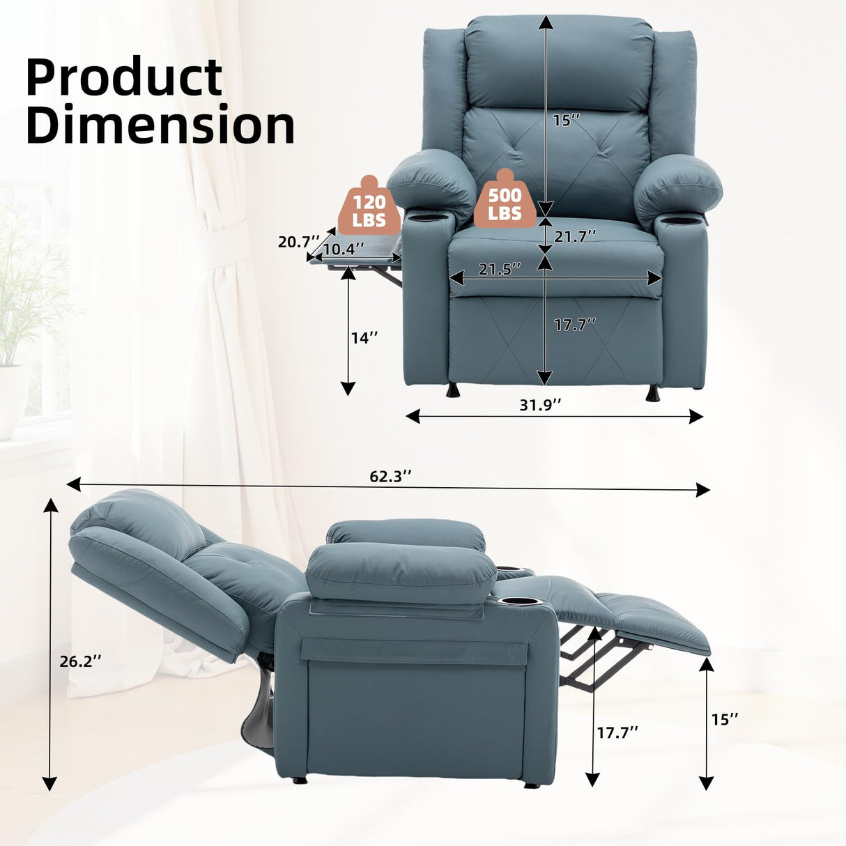 Homvinax Power Recliner Chair with Vibration Massage & Heat,Upholstered Faux Leather Single Reclining Sofa with Side Pockets Side Table for Living Room, Home Theater (Blue) Homvinax
