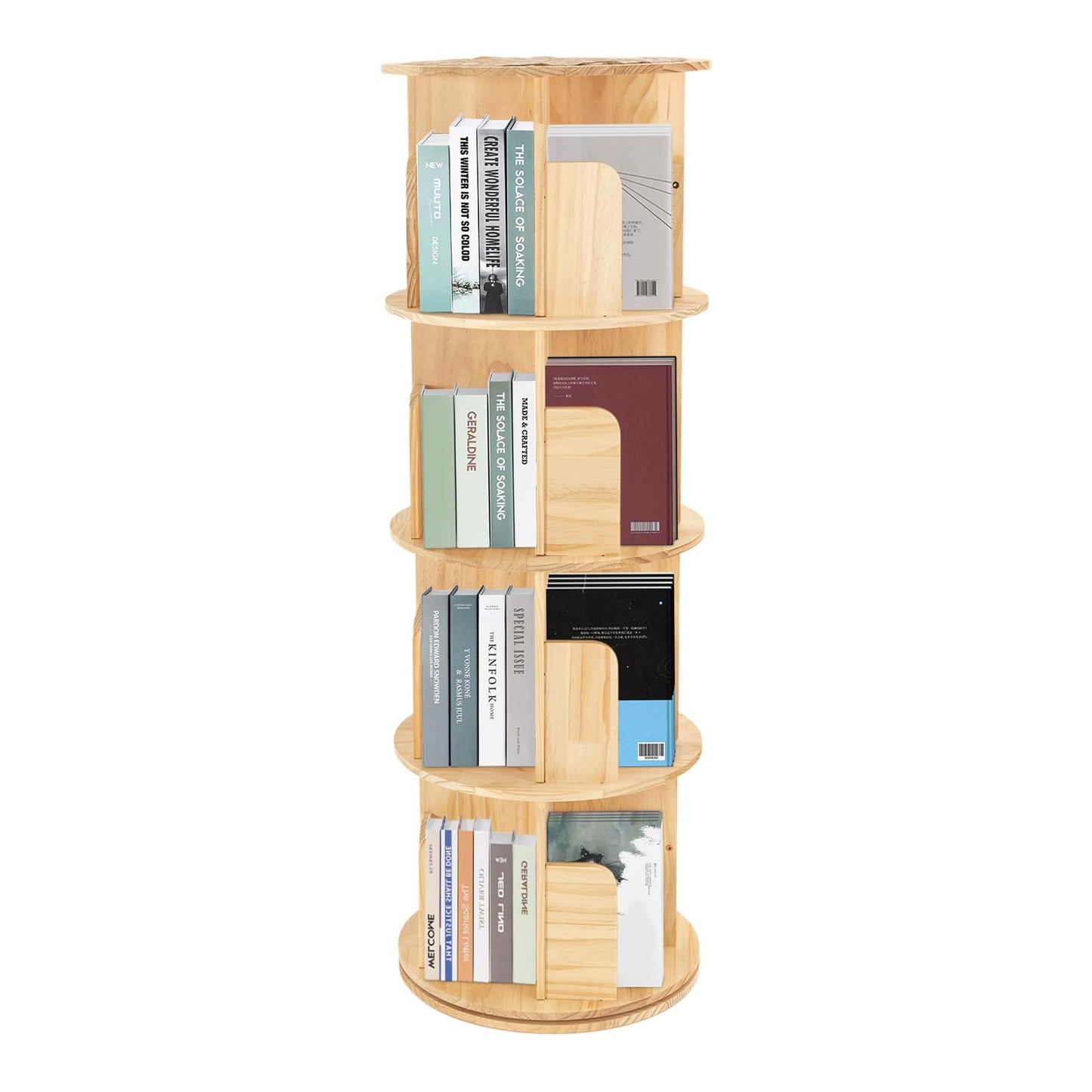 ZAWAYINE 4-Tier 360° Rotating Wooden Bookshelf with Stackable Shelves for Living Room and Office Storage - WoodArtSupply