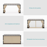 Halmuz 10x14ft Large Lean to Gazebo with Curtains & Netting,Wall Mounted Gazebo with Hard Top & Double Curtains,Metal Frame Garden Tent Suitable for Patio,Yards, Deck,Lawn, Garden,Grass-sand Halmuz