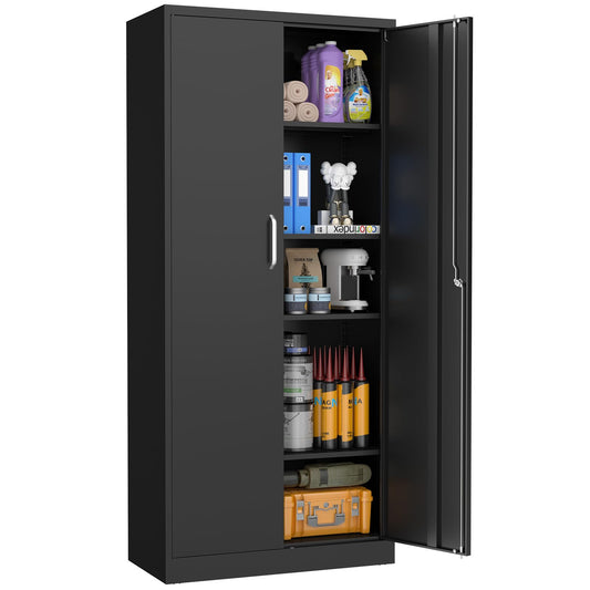 UNICOLY Black Metal Storage Cabinet with Lock, Storage Cabinet with Doors and Shelves, Garage Storage Cabinet with Lock for Office, Home,Garage, Gym,School 71”H×32”W×16”D