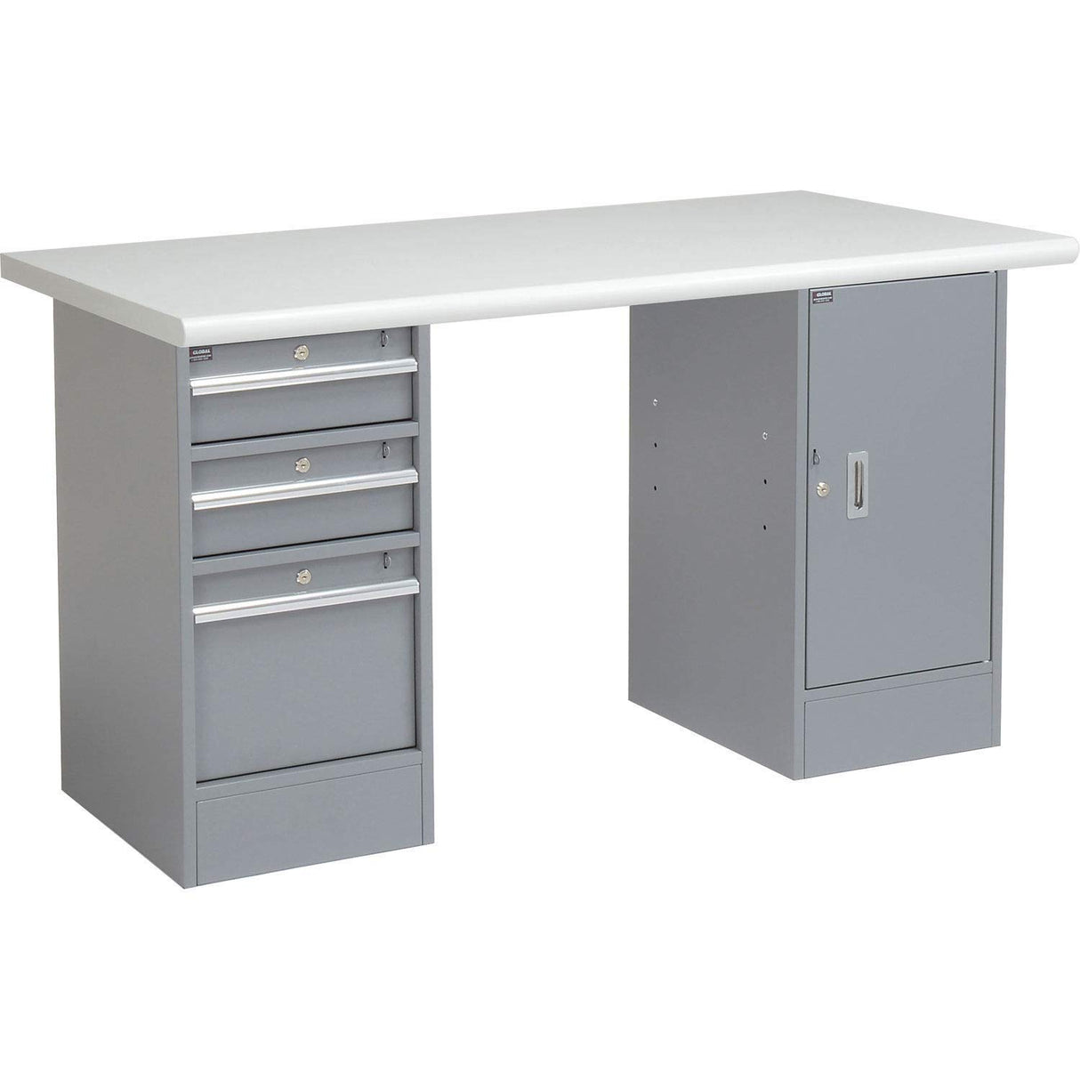 Global Industrial Pedestal Workbench W/ 3 Drawers & 1 Cabinet, Plastic Laminate Safety Edge, 60" W x 30" D, Gray Global Industrial