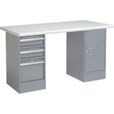 Global Industrial Pedestal Workbench W/ 3 Drawers & 1 Cabinet, Plastic Laminate Safety Edge, 60" W x 30" D, Gray Global Industrial