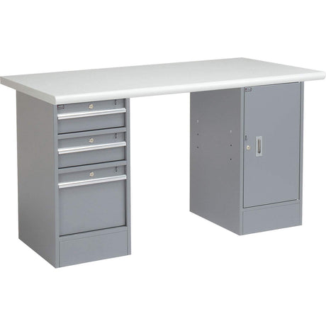 Global Industrial Pedestal Workbench W/ 3 Drawers & 1 Cabinet, Plastic Laminate Safety Edge, 60" W x 30" D, Gray Global Industrial
