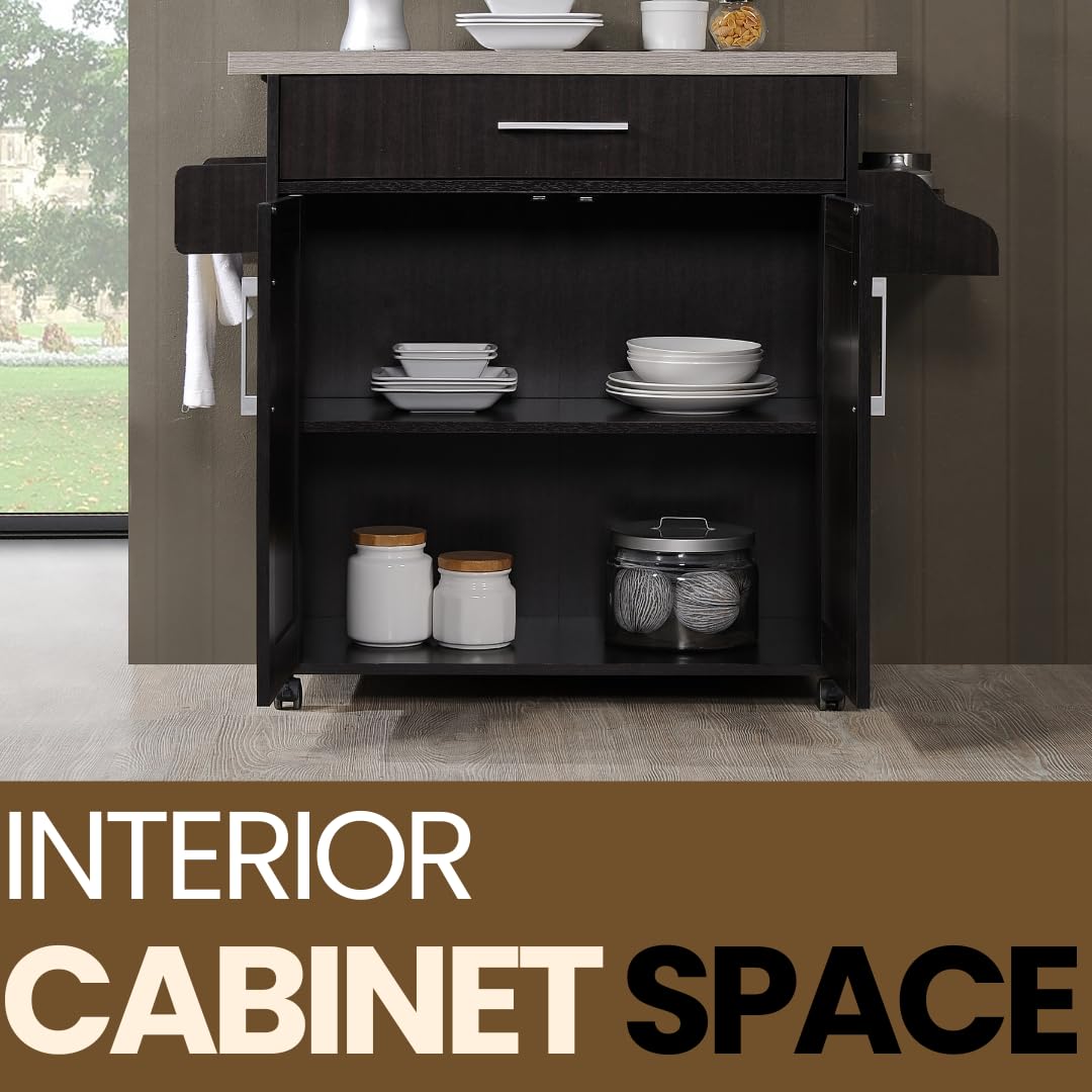 Hodedah Rolling Wood Kitchen Island Cart with Spice Rack, Towel Rack, Utensil Drawer plus Cabinet, White with Beech Top Hodedah