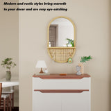 YXDXF Entryway Mirror with Hooks, 30x18 Inch Boho Wall Mirror with Removable Shelf, Oval Solid Wood Framed, Handmade Rattan Wall Mirror for Over Sink, Bathroom, Bedroom, Living Room, Hallway, Vanity YXDXF