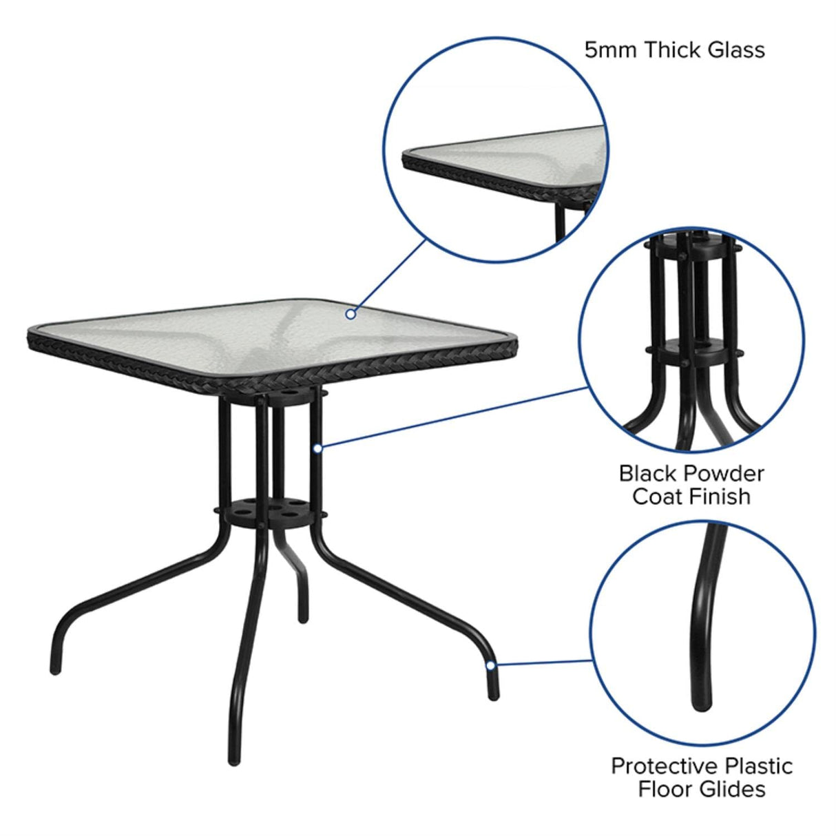 Flash Furniture Barker 28'' Square Tempered Glass Metal Table with Black Rattan Edging Flash Furniture