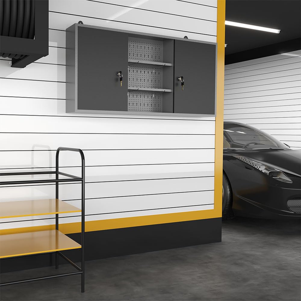 JZD Metal Wall Storage Cabinet with 2 Lockable Doors, for Home Office Garage Basement, Black & Grey, 47.2"x7.9"x23.6 JZD