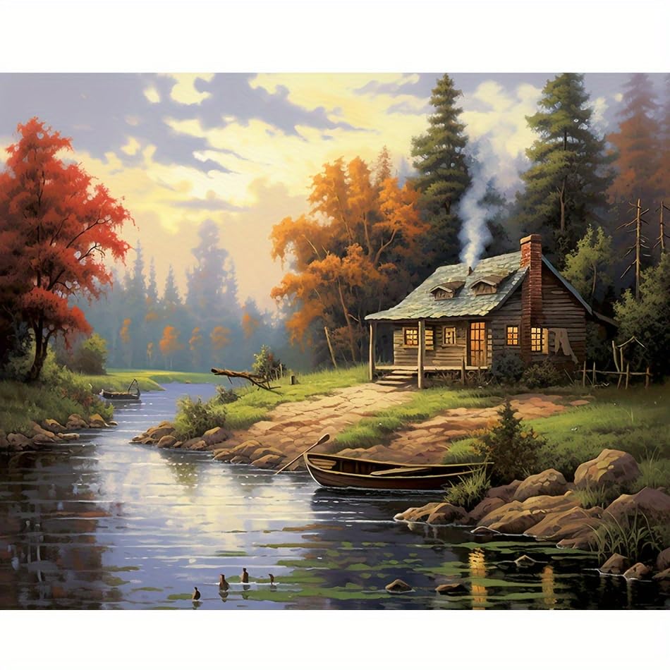TAOPAOLAB Cabin by The Lake Paint by Numbers Kit for Adults - DIY Autumn Landscape Painting on Canvas 16x20 Inches, Acrylic Paint Set, Suitable for Beginners, Rustic Art Kit for Home TAOPAOLAB