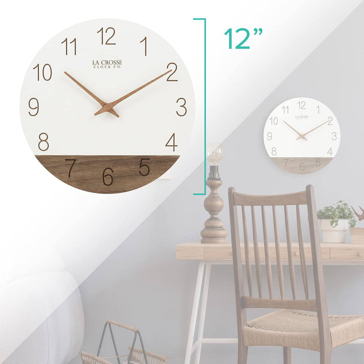 La Crosse 404-3630B 12" Sierra Wood Quartz Analog Wall Clock, White La Crosse