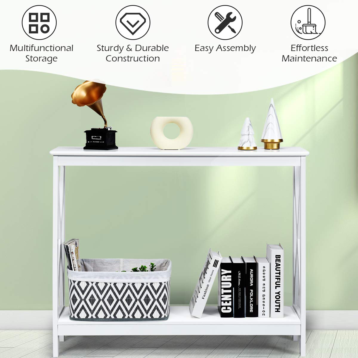 Giantex Console Table 2-Tier with Storage Shelf,X-Design Bookshelf Narrow Accent Table for Entryway Hallway Living Room Sofa Side Table (White) Giantex