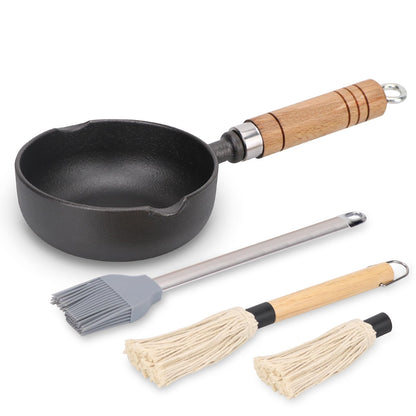 Svailse Cast Iron Basting Pot with Mop Brush and Heat Resistant Stainless Steel Brush Set, Cast Iron Melting Pot for Meat Smoker, Grill and Stove, Small Cast Iron Bowl for Sauce and Butter