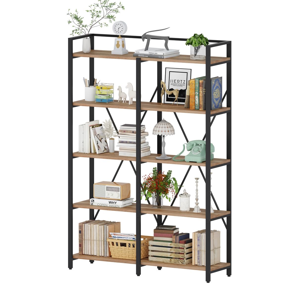 BON AUGURE 5-Tier Vintage Oak Industrial Bookshelf - Heavy Duty Etagere Shelving Unit for Home & Office - WoodArtSupply