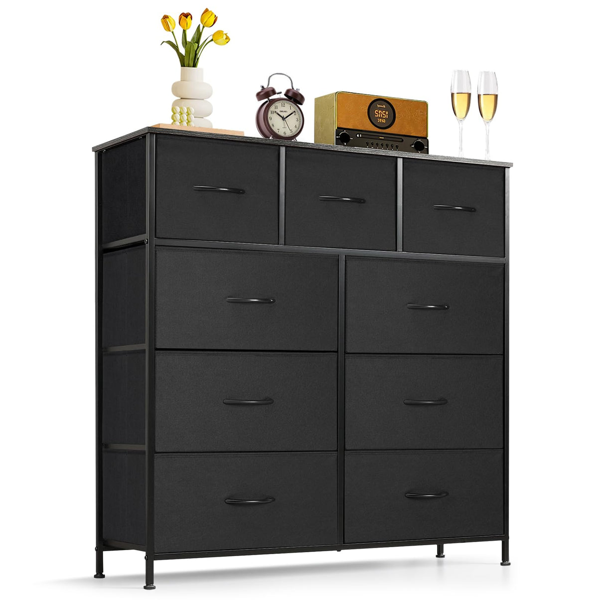 9-Drawer Dresser for Bedroom, Anti-Tip Tall Storage Organizer Chest of Drawers with Wooden Top and Metal Frame Fabric Bins for Closet, Living Room, Hallway, Entryway, Black SageNest