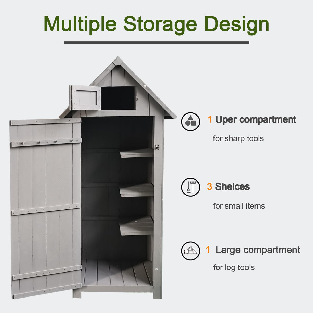 Outdoor Storage Cabinet, Garden Wood Tool Shed, Outside Wooden Shed Closet with Shelves and Latch for Yard, Patio, Deck and Porch,30.3”L X 21.3”W X 70.5”H (Grey) Anwick