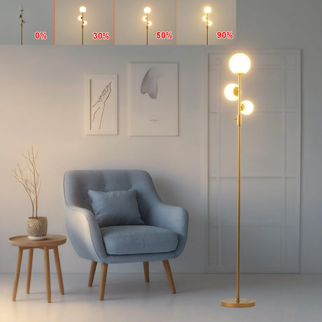 Fiqevs Upgraded Dimmable 3 Globe Floor Lamp, Brightness Adjustable, Mid Century Modern Floor Lamp for Living Room, Vintage Gold Standing Lamp with Orb Glass Shade, Tall Lamp for Bedroom Office Fiqevs