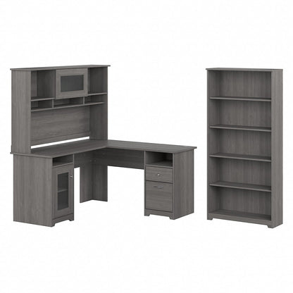 Bush Furniture Cabot 60W L Shaped Computer Desk with Hutch & 5 Shelf Bookcase in Modern Gray - WoodArtSupply