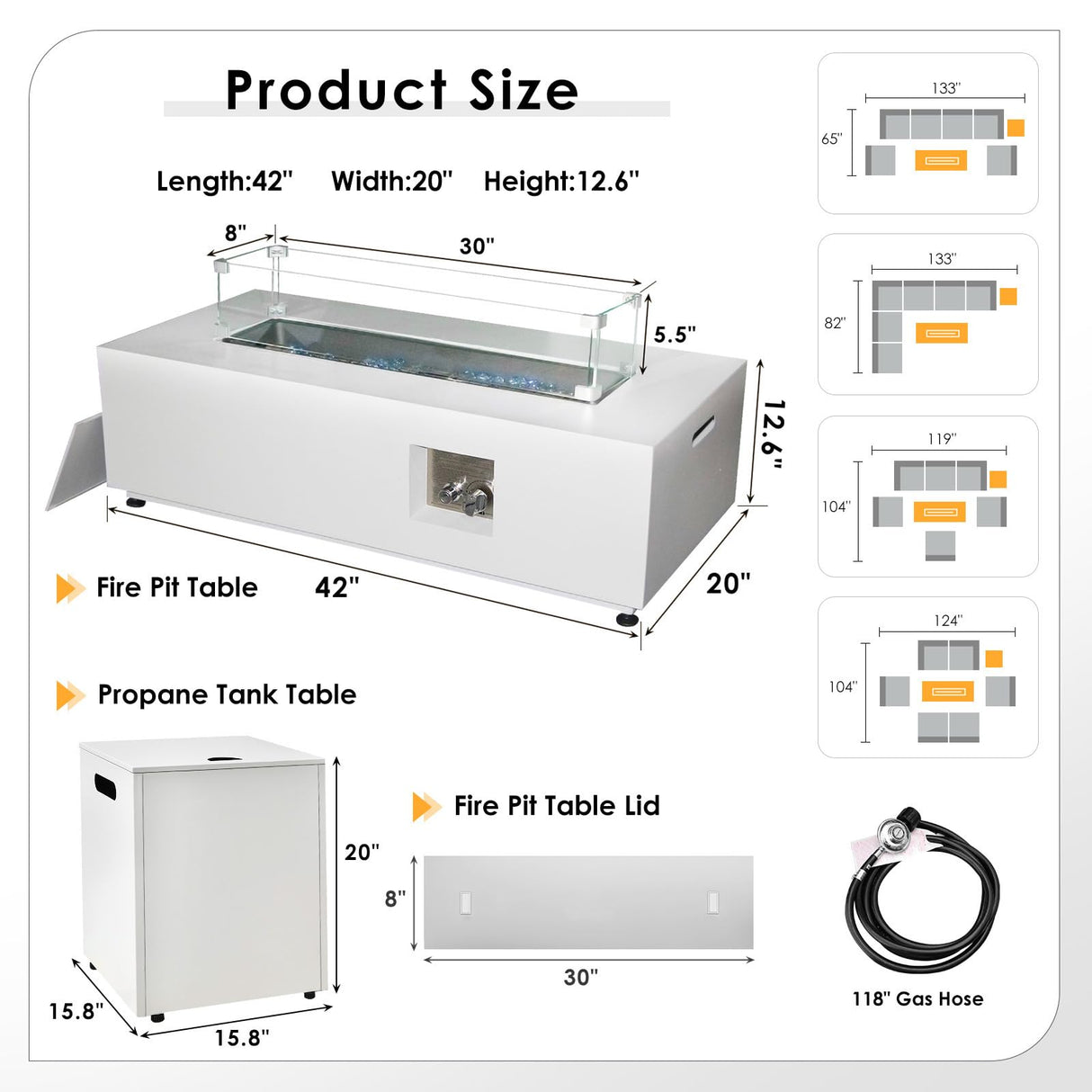 NICESOUL 42'' Outdoor Rectangle Fire Pit Table, Modern Low Profile Patio Firepits with Tank Table, 50,000 BTU Firepit Table for Outside, Exterior, Porch, Backyard or Garden, No Assembly, Grayish white NICESOUL