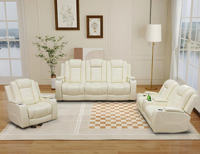 Anthato Power Recliner Sofa Set, Living Room Furniture Sets, Cream White Leather Reclining Sofa Set, Recliner Couch Loveseat and Chair with Storage/Cup Holders/Charging Port for Home Theater/Office