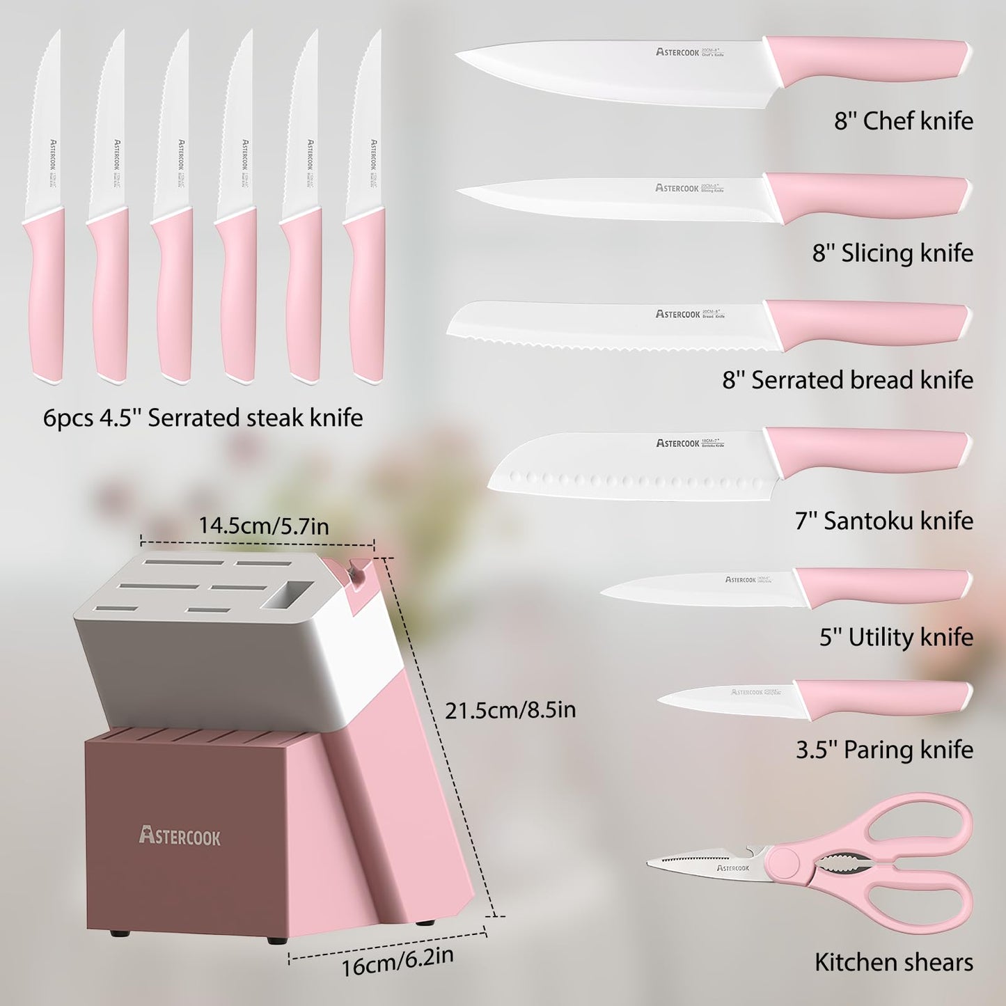 Astercook Knife Set, Kitchen Knives Set with Block and Sharpener Ceramic Coating 15 Pcs German Stainless Steel Knives Sharp Blade Dishwasher Safe Knife Block Set with Ergonomic Handle, Crystal Pink