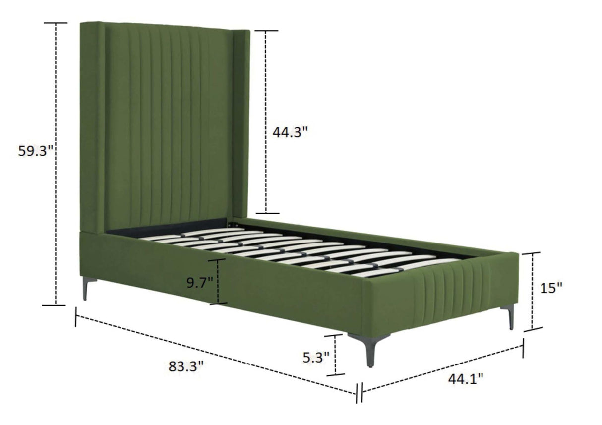Manhattan Comfort Promenade Mid-Century Modern Velvet Upholstered Twin-Size Bed Frame - Luxurious Foam Padding, No Box Spring Needed, Stylish Vertical Stitched Headboard, Moss Green Manhattan Comfort