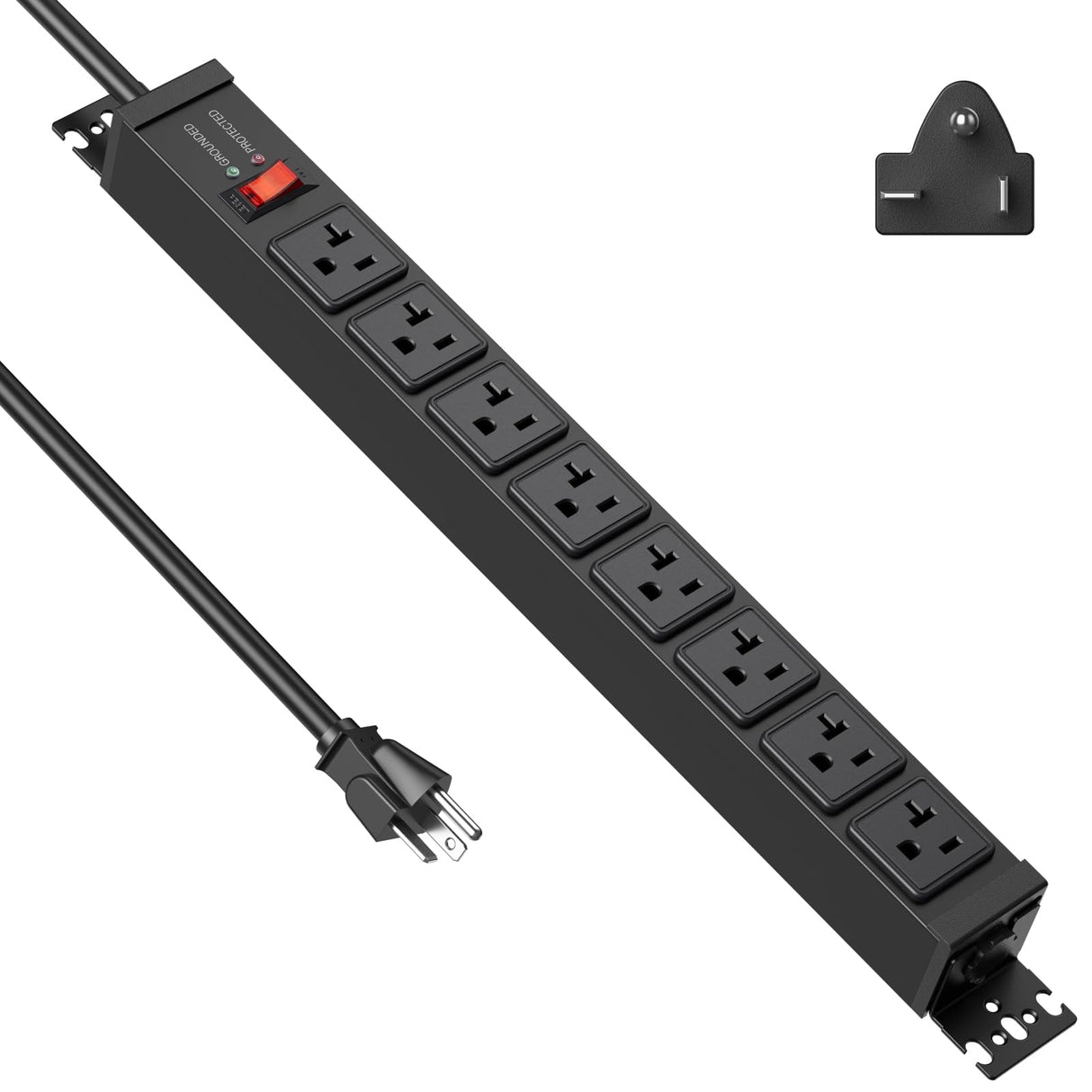 JUNNUJ 20 Amp Power Strip Surge Protector 4800J, Heavy Duty 8 Outlet Metal Multi Angle Mount, 20A Garage Power Strip Shop 6-20R T-Slot, 5-20P Plug 12 Gauge Extension Cord 6ft for Appliance JUNNUJ