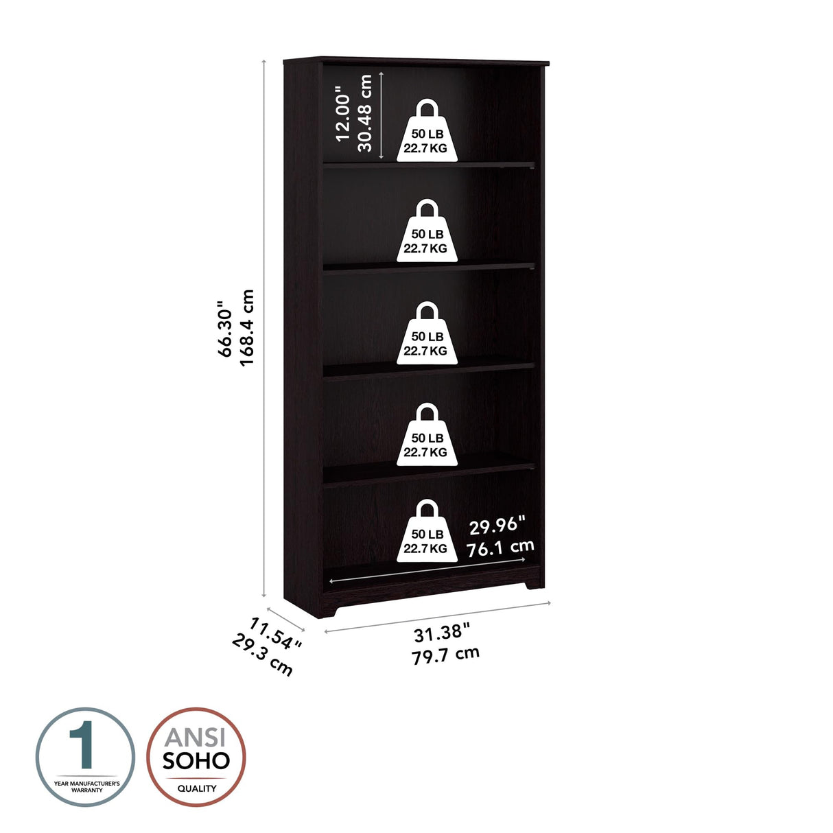 Bush Furniture Tall 5 Shelf Bookcase, Large Open Bookshelf, Sturdy Display Cabinet for Living Room or Home Office, Cabot Collection, Espresso Oak Bush Business Furniture