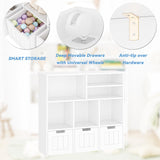 Kids Bookcase Toy Storage Organizer Toy Chest with 3 Movable Drawers & Hidden Wheels Toy Storage Cabinet for Bedroom, Playroom, Nursery, White MilleLoom