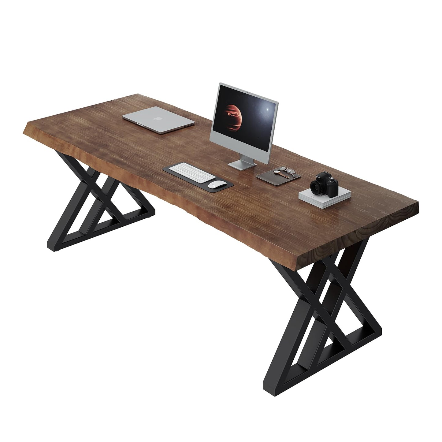 QZYJKJ Solid Wood Computer Desk Study Office Desk 55" Writing Desk, Modern Simple Style PC Table, Black Metal Frame, Solid Wood Planks 55" D x 27" W x 29" H for Home Office Bedroom,Rustic Brown