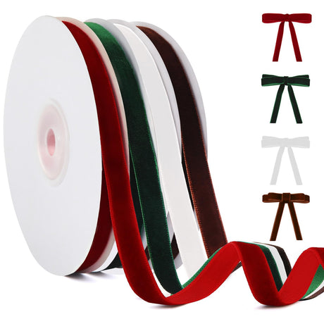 YANGTE 4 Colors Velvet Ribbon Set, 3/8" x 40Yard Premium Christmas Velvet Ribbon for Gift Wrapping, Christmas Tree Ornaments Handmade Crafts Bow Making（Red,Green,White,Brown） YANGTE