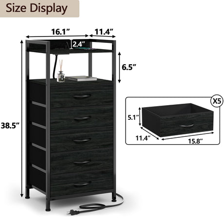 Furnulem 5 Drawer Nightstand with Shelf, Tall Black Dresser for Bedroom with Led Light and Charging Station, Bed Side Table for Living Room, Fabric Storage Bins, Metal Frame, Wood Furniture Furnulem