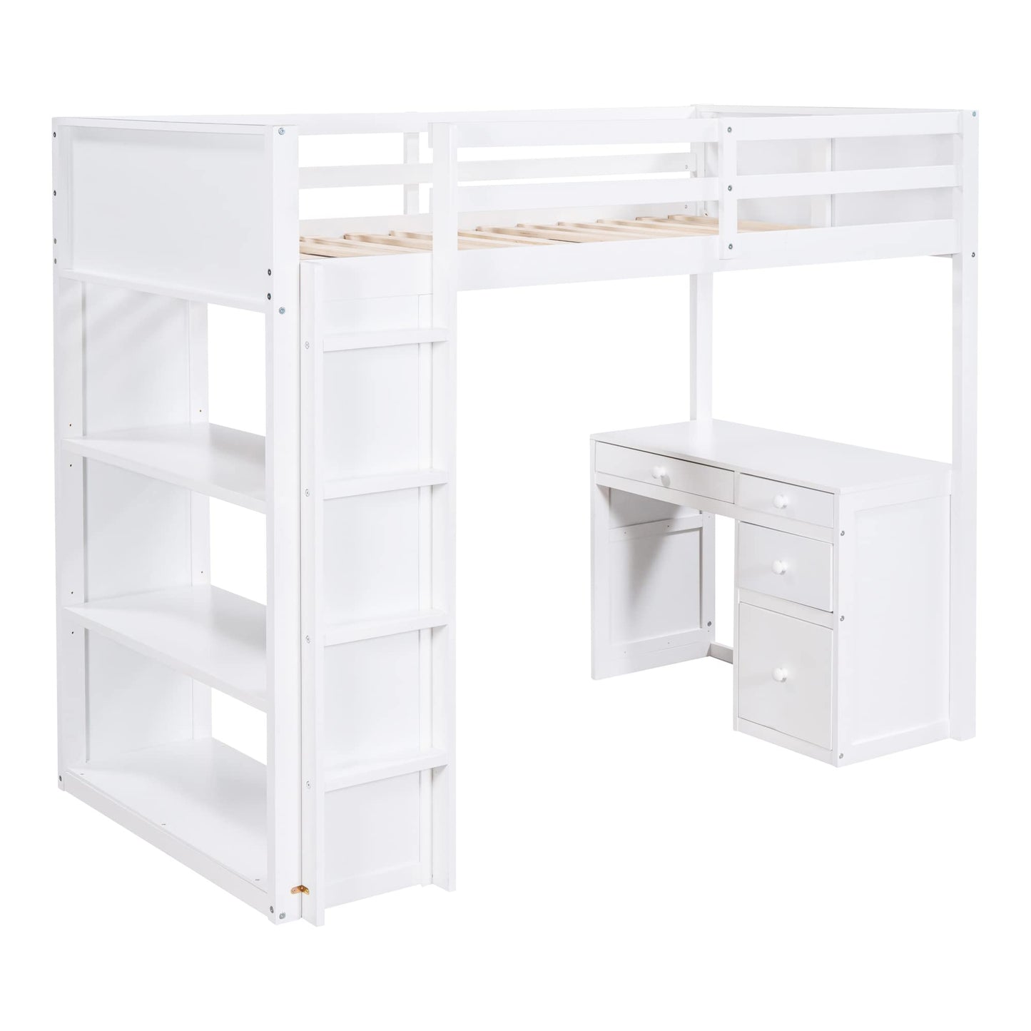 P PURLOVE Twin Loft Bed with Desk, Shelves, and Storage Drawers in White - WoodArtSupply