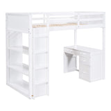 P PURLOVE Twin Loft Bed with Desk, Shelves, and Storage Drawers in White P PURLOVE